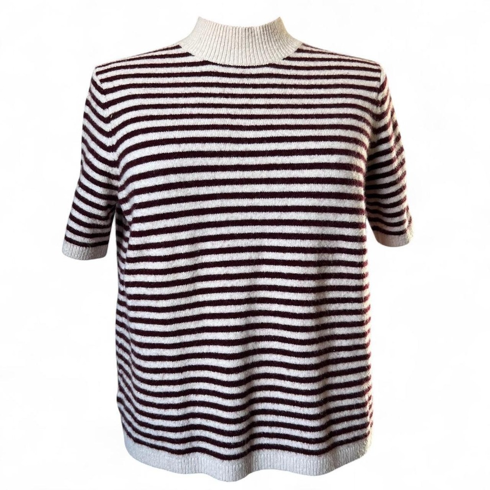 Loft Extra Soft Burgundy Cream Wool Blend Striped Short Sleeve Mock Neck Sweater